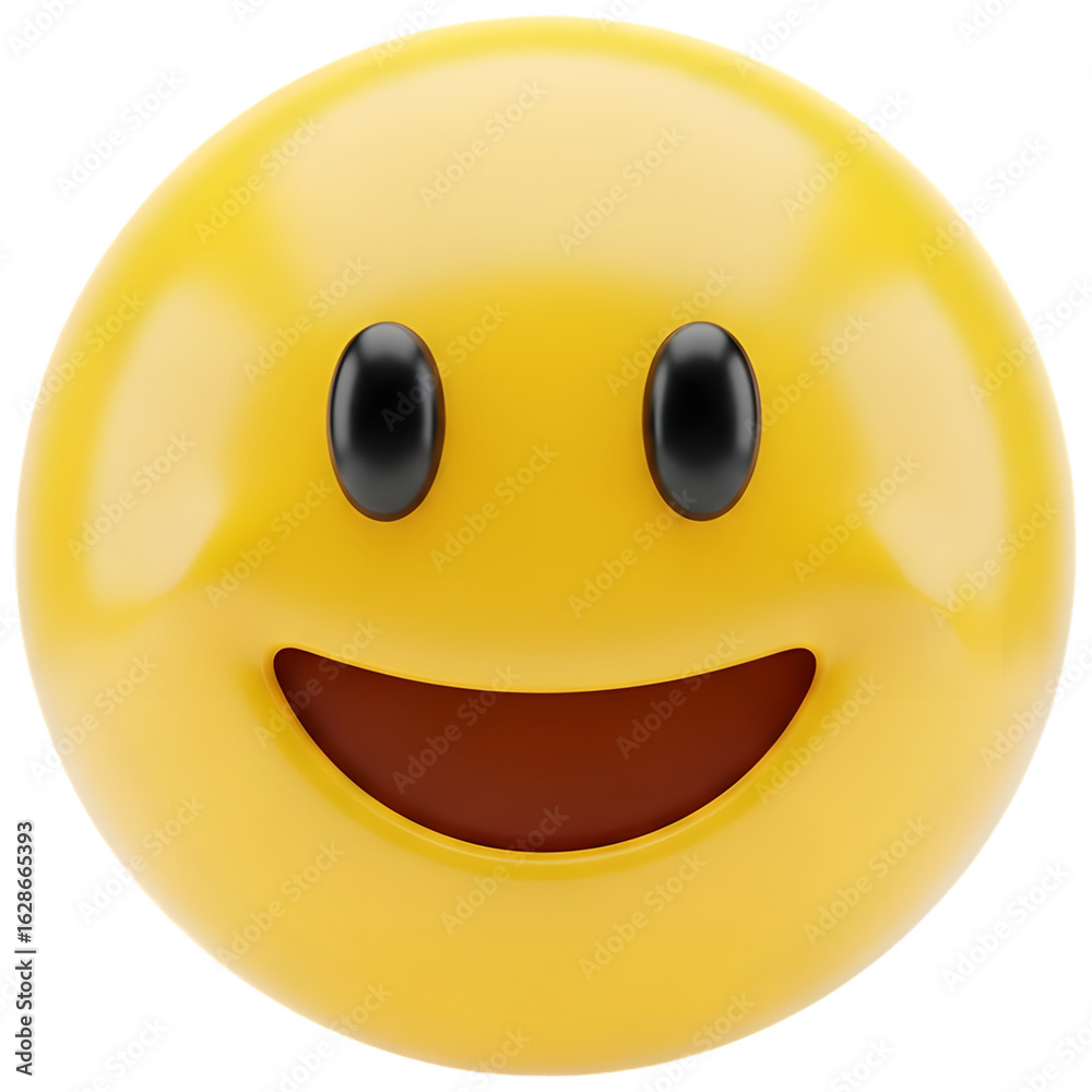 Fototapeta premium Gleaming yellow emoji with glossy black eyes and a wide inviting smile.