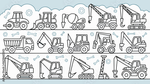 Construction vehicles and tools excavators cranes