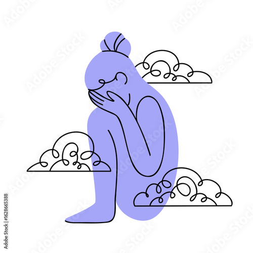 Minimalist drawing of a sad woman sitting and crying, surrounded by dark thoughts. Flat vector illustration of despression, mental disorder, psychology concept for advert, web, print, or social media.