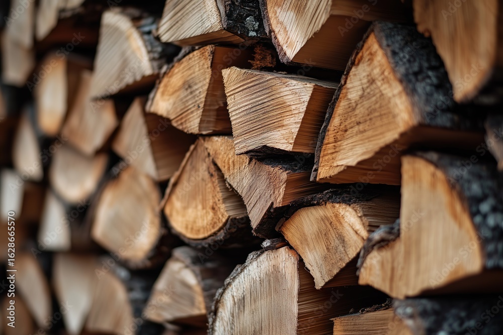 Fototapeta premium Close-up view of a neatly stacked pile of split firewood, highlighting the texture and natural wood grain. Rustic, warm, and detailed image perfect for seasonal, rural, or eco-friendly themes.