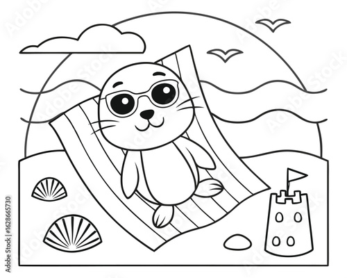 Cute seal with sunglasses relaxes on a beach towel outline illustration