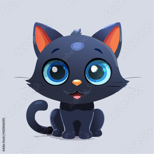 Adorable cartoon black cat with big sparkling blue eyes. A cute and charming kitten character sitting and smiling, isolated vector illustration