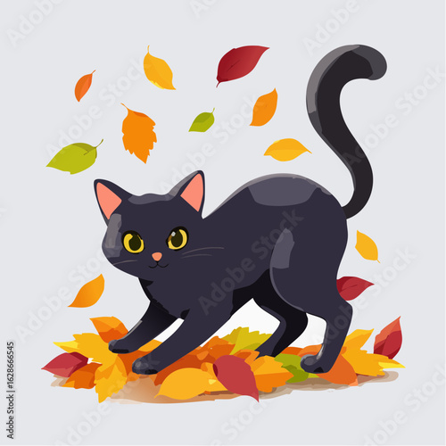 A charming illustration of a cute black cat with bright yellow eyes playing happily in a pile of colorful autumn leaves