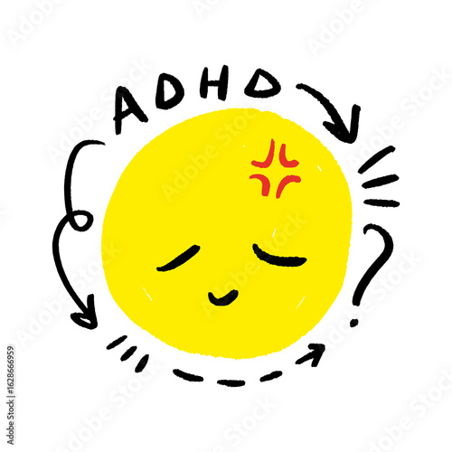 ADHD Awareness Brain with Thoughts Tears and Distress Mental Psychology Lettering Vector Clip-art 