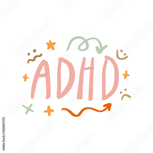 ADHD Awareness Brain with Thoughts Tears and Distress Mental Psychology Lettering Vector Clip-art 