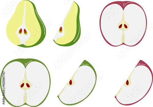Vector set of pear slices, red and green apples of round and wedge shape on transparent background.