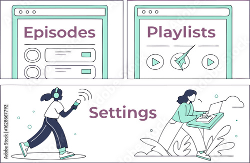 Digital interface elements for podcasts including episodes playlists and user settings illustrated with stylized figures