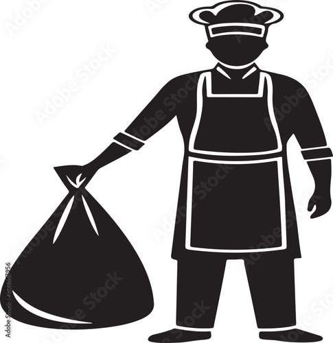 Chef holding a garbage bag icon on white background cook trash