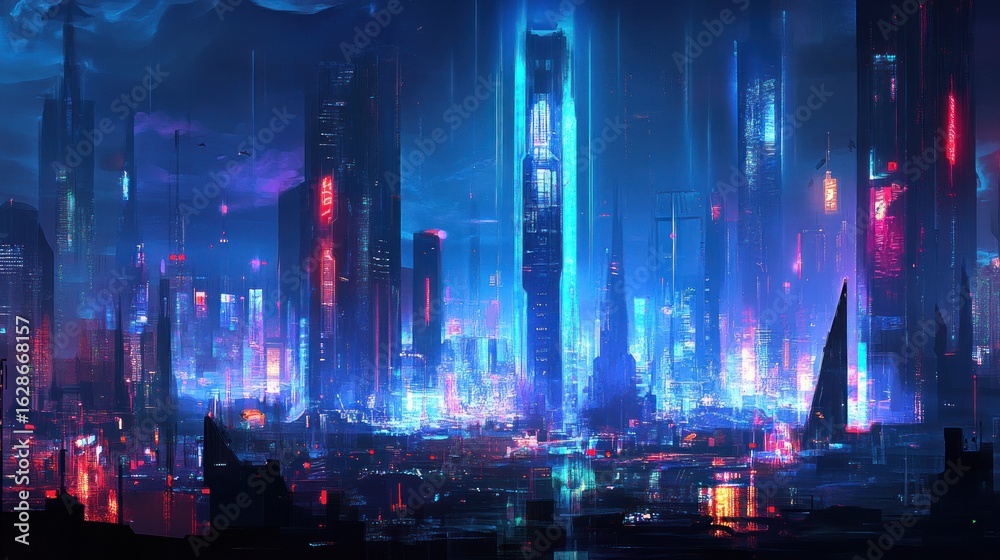 Obraz premium Neon-lit futuristic city skyline at night. Vivid colors and towering structures