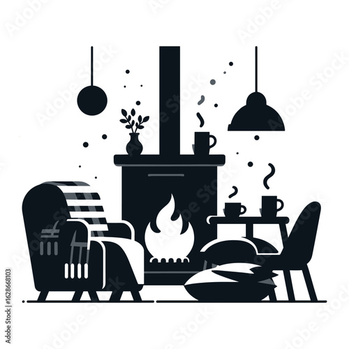 Fireplace, Blankets, Hot Drinks On Table Vector Design