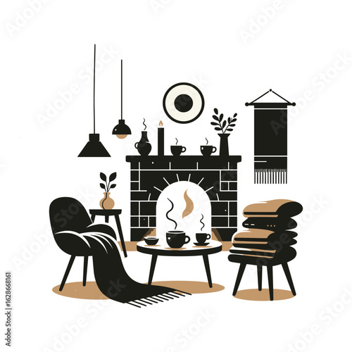 Fireplace, Blankets, Hot Drinks On Table Vector Design