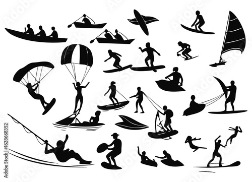 Water sports silhouettes, kayaking, surfing