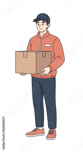 Cartoon illustration of a delivery man in a uniform holding a cardboard box. Male courier character for e-commerce and shipping services.