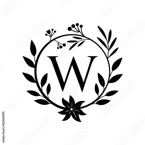 Botanical Framed W Letter with Floral Monogram Style silhouette Art Vector illustration