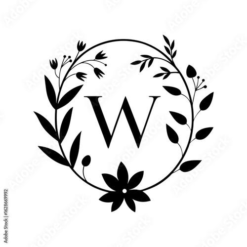 Floral Themed W Monogram Logo with Botanical Frame silhouette Art Vector illustration