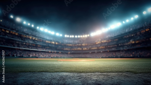 A brightly lit baseball stadium at night with a view of the empty field and grandstands, ready for an upcoming game