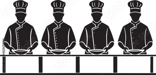 Four chefs in uniform holding bowls at a kitchen preparation counter cooking food preparation