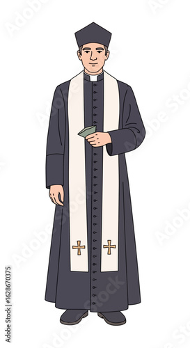 Illustration of a young Catholic priest in traditional vestments, symbolizing religious faith, spiritual service, and devotion.