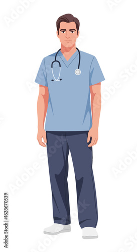 Male doctor in blue scrubs with a stethoscope, standing full length. Vector illustration of a healthcare professional isolated on a white background.