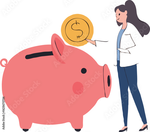 Woman Saving Money in a Piggy Bank, A Cartoon Illustration About Finance and Personal Investment for the Future