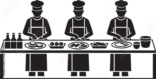 Three chefs in uniform preparing food at a long table with ingredients cooking food preparation