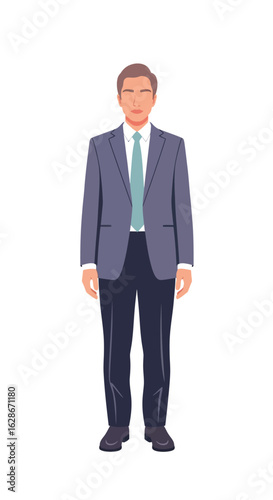 Formal portrait of a professional businessman in a classic suit. Full-length vector illustration of a male character isolated on white.