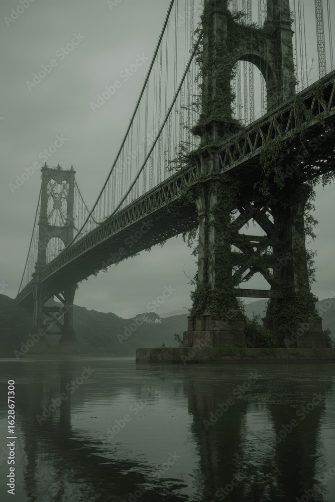 Naklejka premium Generative AI Overgrown Bridge: Post-Apocalyptic Structure Bridge Suspension bridge Decay Ruin Ivy Vegetation Water Reflection Fog Mist Architecture Cable Tower Landscape