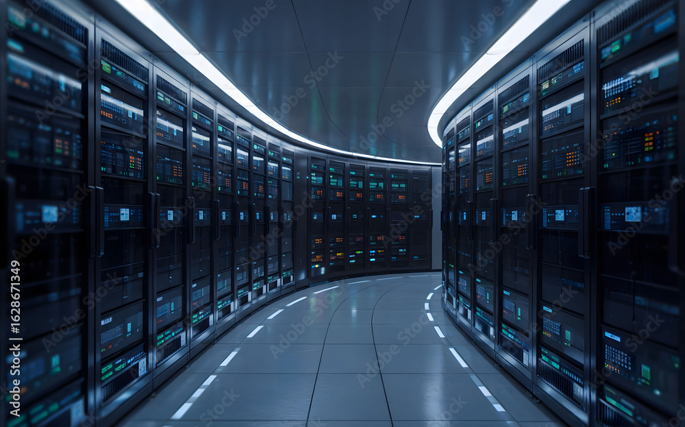Fototapeta premium Futuristic Curved Server Room with High-Tech Cabinets, LED Indicators, and Polished Floor Under Soft Overhead Lighting