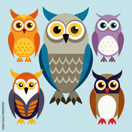 Wallpaper Mural Collection of five cute cartoon owls in different colors and styles Torontodigital.ca
