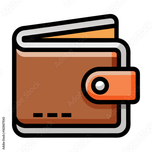 Brown leather wallet icon with orange accents and snap closure
