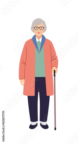 Elderly woman with walking cane. Vector illustration of a senior citizen representing aging, retirement, and a mature lifestyle.