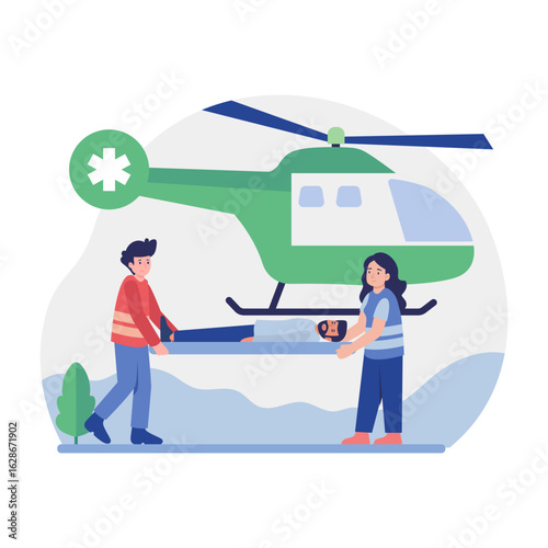 A flat style illustration showing rescue helicopter