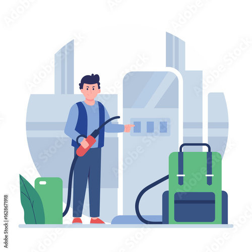 A flat style illustration showing fuel station