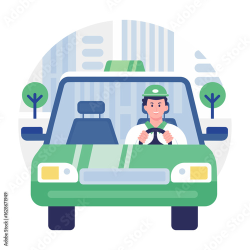 A flat style illustration showing a taxi driver