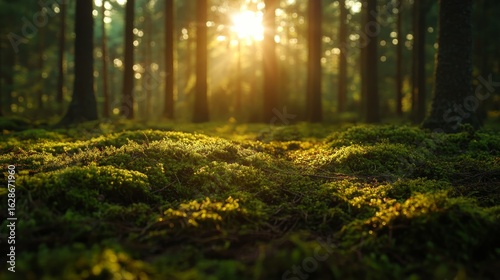 The evening light casts a warm glow on a Nordic pine forest, using a limited depth-of-field