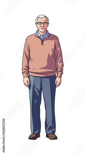 Full body illustration of a friendly senior man in glasses and a sweater. A smiling elderly gentleman character design isolated on a white background.