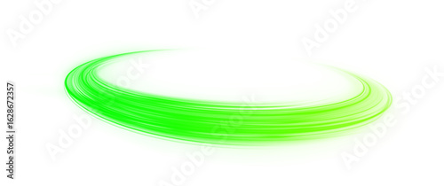 Magic spiral swirl with glowing round neon ring. Dynamic fantasy light effect, transparent power curve and luxury motion trail with electricity and sparkle.