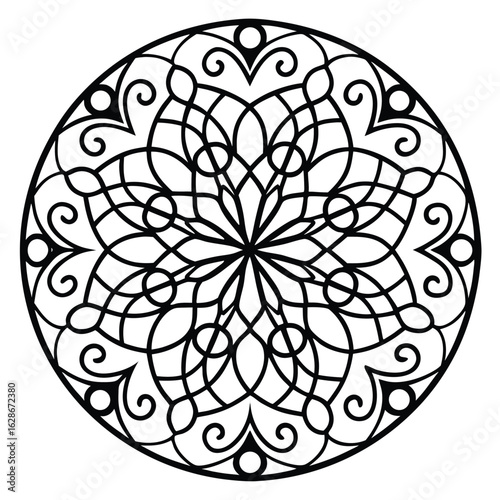 Detailed circular mandala design in black and white, showcasing elegant, geometric symmetry and floral-like motifs.                                   