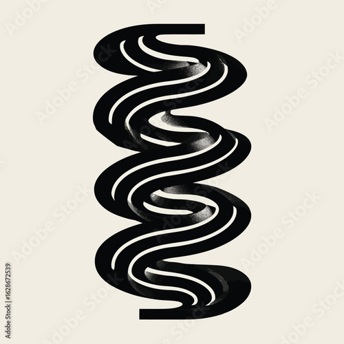 Vector illustration of abstract black and white spiral shape with swirling lines and a textured effect on a light beige background, modern graphic design element