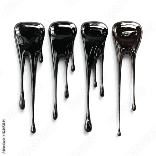 Vector illustration of four shiny black viscous liquid drops dripping and flowing, isolated on white background