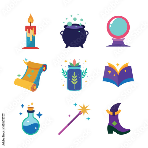 Halloween Witchcraft and Magic Tools Color Icons for Mystic Designs