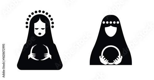 Vector illustration of two stylized black female figures with halos and holding circles, isolated on a white background, representing spirituality and divinity