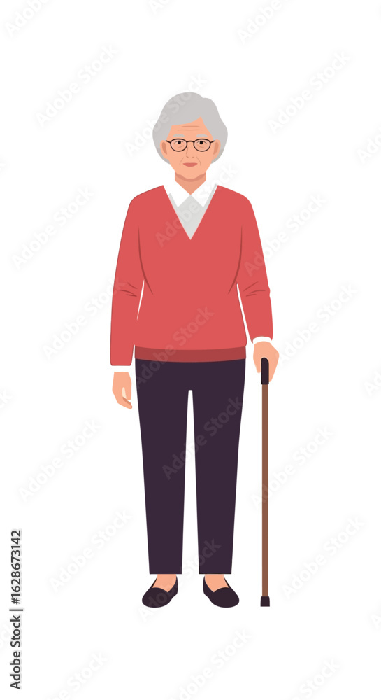 Illustration of an elderly woman with glasses and a walking cane. Senior citizen character, grandmother figure, isolated on white background. Illustration of an elderly woman with glasses and a walking cane. Senior citizen character, grandmother figure, isolated on white background.