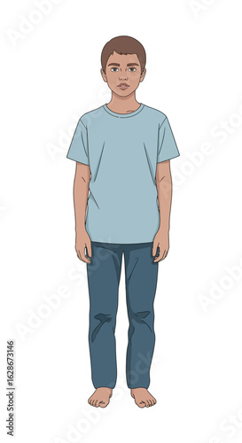 Full body character illustration of a young boy standing barefoot in casual attire against a white background.