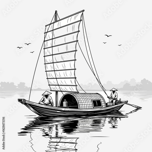 Traditional Asian junk boat vector illustration