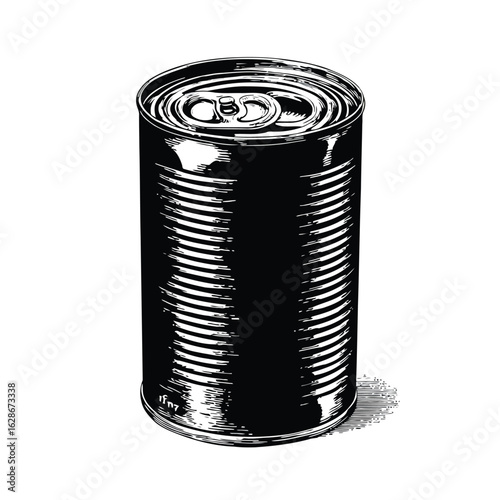 Vector illustration of a black and white illustration of a closed tin can with a pulltab lid, isolated on a white background