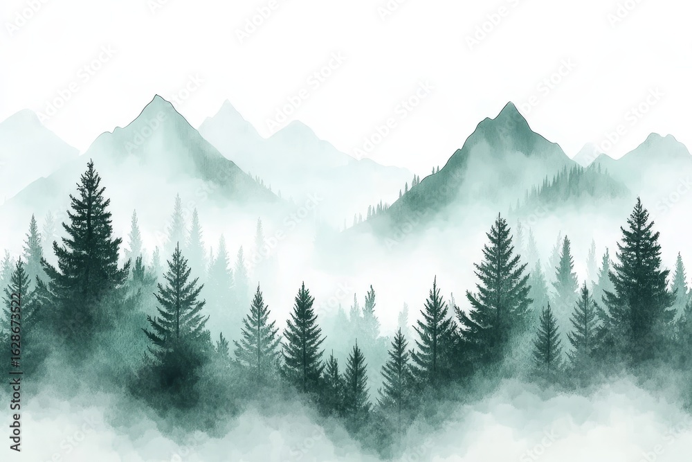 Fototapeta premium A gorgeous watercolor landscape background showcases a forest, trees, and nature, all set against the backdrop of a brilliant sky, perfect for wallpaper or design elements