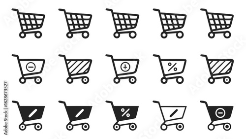 A collection of shopping cart icons representing different e commerce functionalities like adding removing and discounts for online shopping