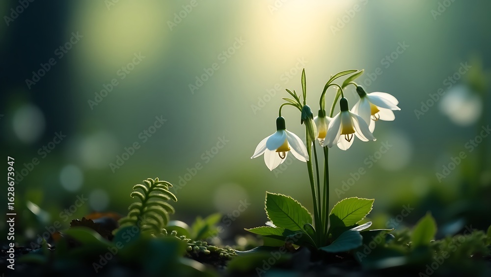 Obraz premium Delicate white spring flowers bloom in soft sunlight
