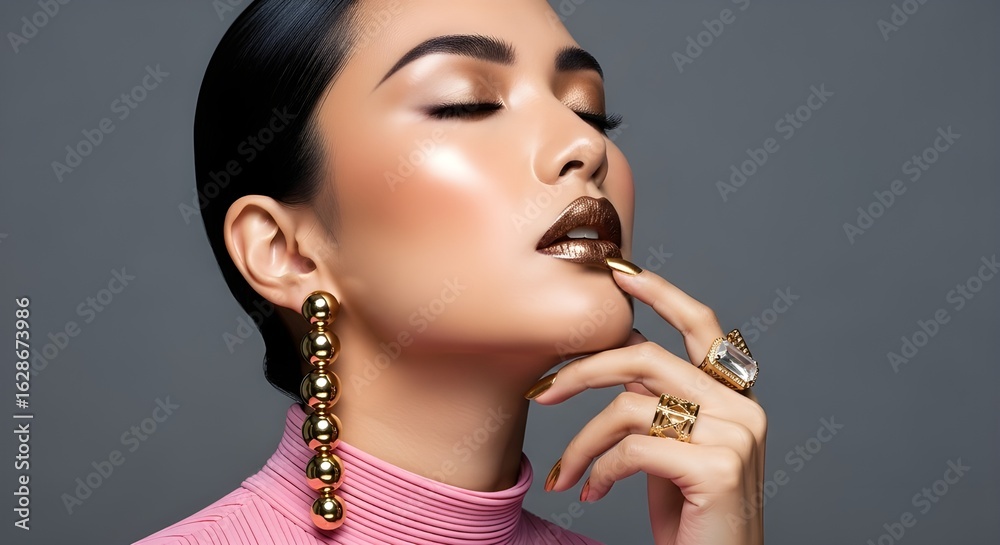 Obraz premium Elegant Woman with Gold Makeup and Jewelry | Glamorous Beauty Portrait for Cosmetics, Fashion, and Lifestyle Advertising